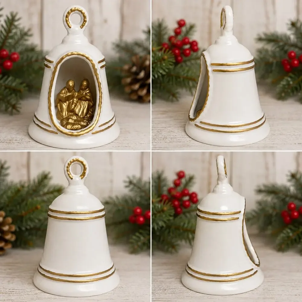 🔔⛪Vintage White Gold Nativity Bell Ornament 👼🏾👼🏼Baby Jesus Christmas Decor